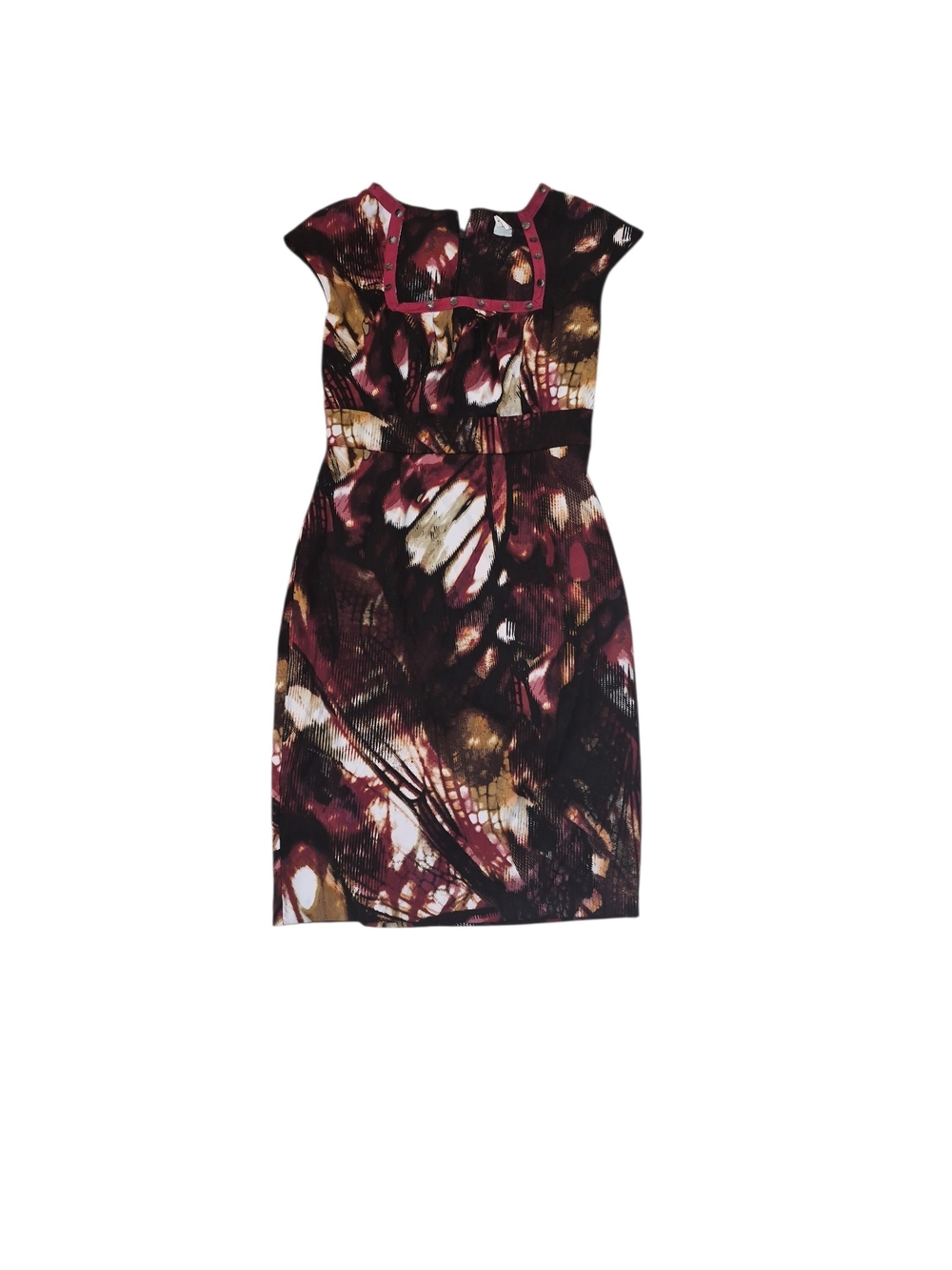 Abstract Print Cap-Sleeve Sheath Dress in Burgundy and Black